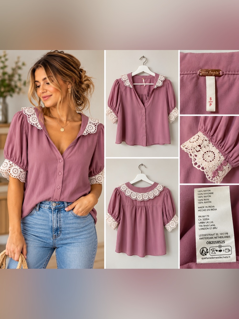 Free People My Love Lace Top Women S Puff Sleeve Crochet Trim Boho Blouse
